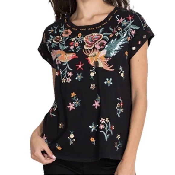 Johnny Was Tops - Johnny Was Soha Relaxed Sequin Tee XS Black Embroidered